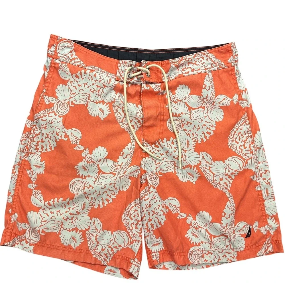 Nautica‎ Swim Trunks Mens Medium Orange Floral Tropical Lined Elastic Waist